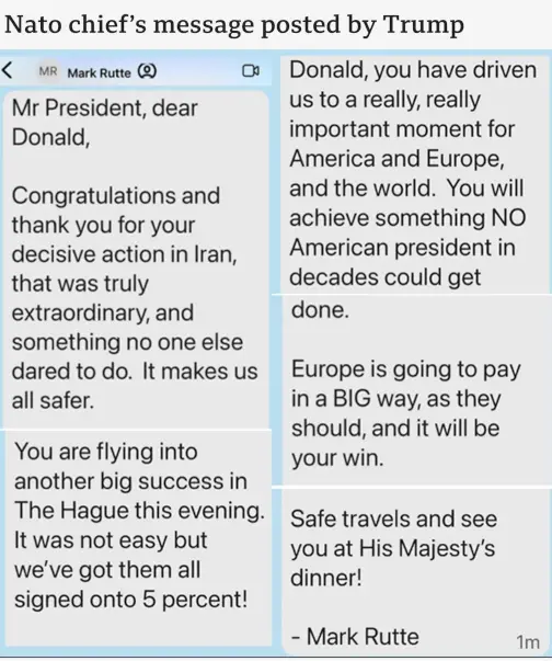 Message de Mark Rutte, secrétaire général de l'OTAN, posté à Donald Trump