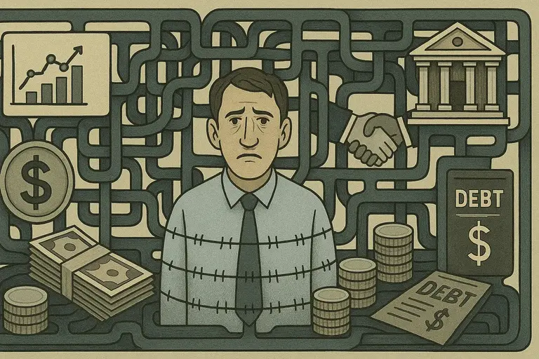 Dans un labyrinthe financier opaque, l'humain est prisonnier de l’emprise complexe et étouffante de la finance sur sa vie et son épanouissement.